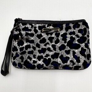 Betsey Johnson sequin leopard print Wristlet pouch Silver Blue Black Zipper